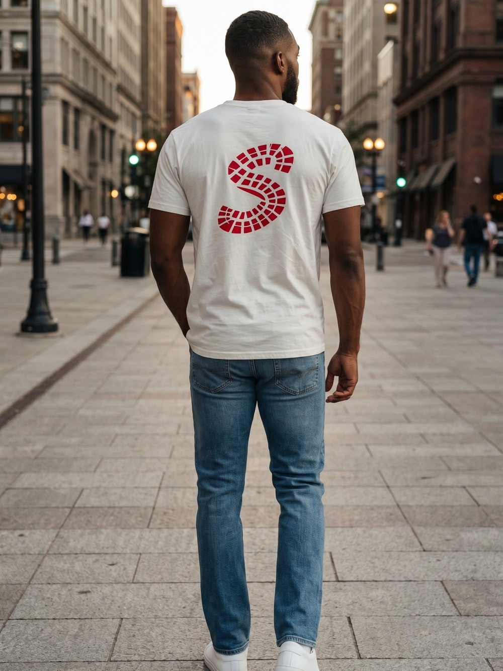 White Tee with Red Mosaic 'S' Graphic